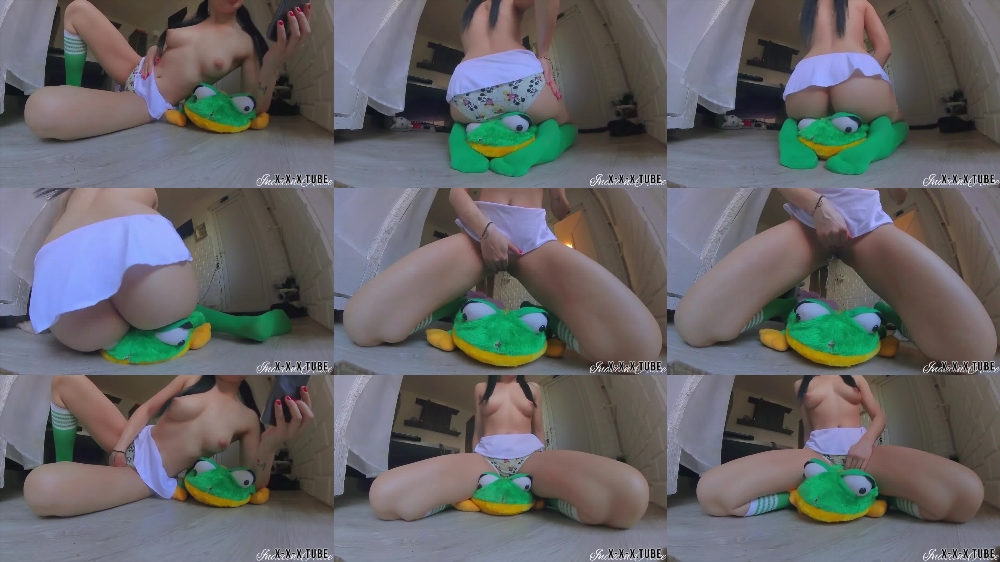 Petite Brunette's Naughty Adventure with Her Frog Plushie